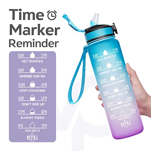 deevudi 32Oz Motivational Fitness Sports Water Bottle With Time Marker&Straw,Large Wide Mouth Leakproof Durable Bpa Free Non-Toxic-Ombre Green Purple (Plastic,Pack Of 1 Bottle),32 fluid_ounce